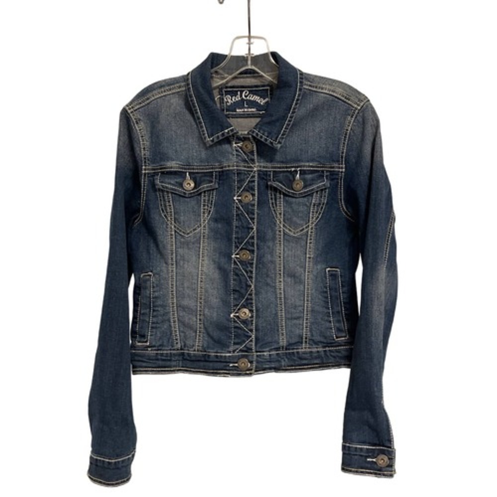 Red‎ Camel Denim Jacket Size Large, white and taupe stitch detail. Preowned.